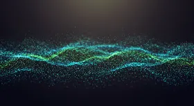 green and blue particle waves on black background